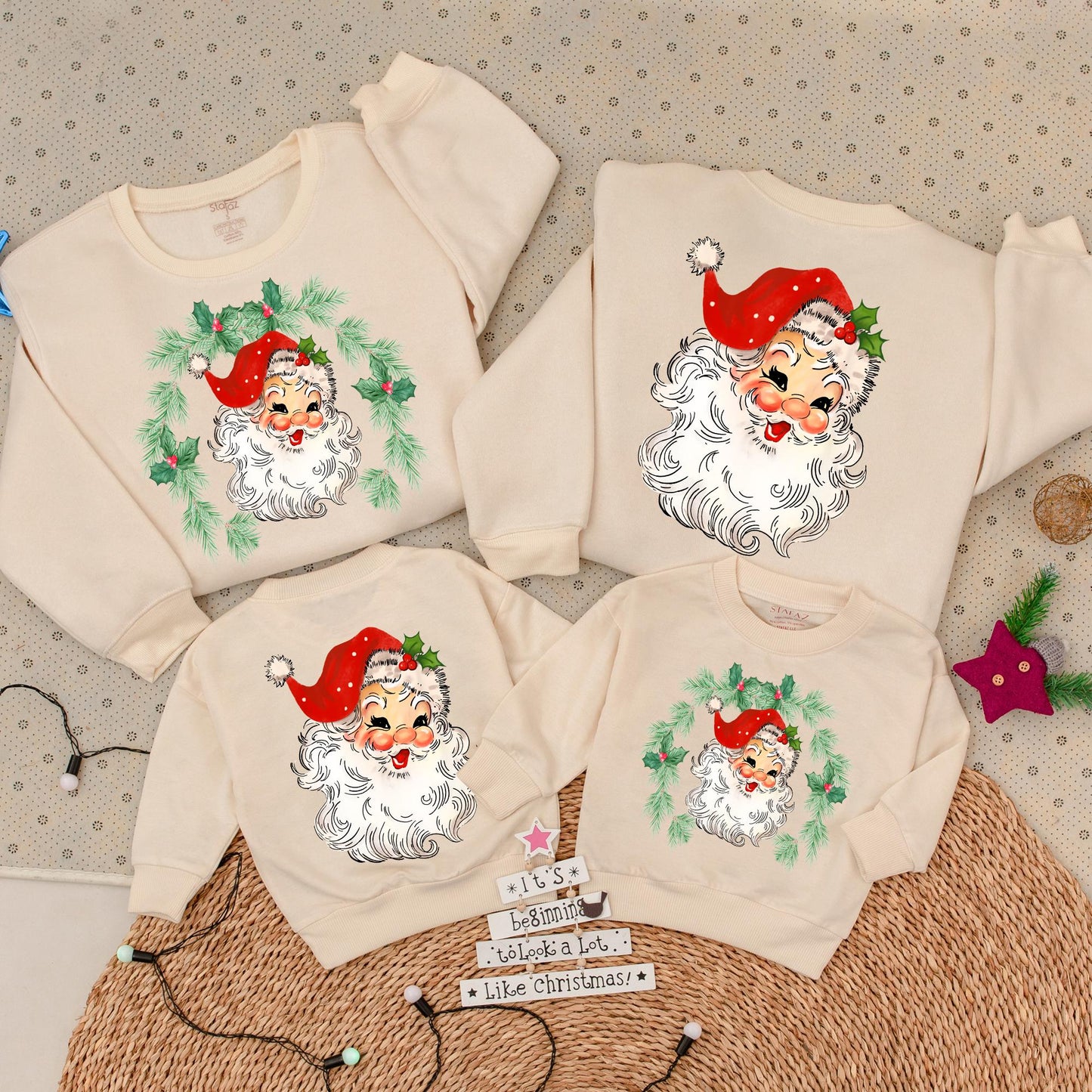 Retro Santa Christmas Family Matching Sweatshirt Vintage Graphic Two-Sided Holiday Toddler Baby Kids Outfit Rosy Cheeks Holly Hat Wreath