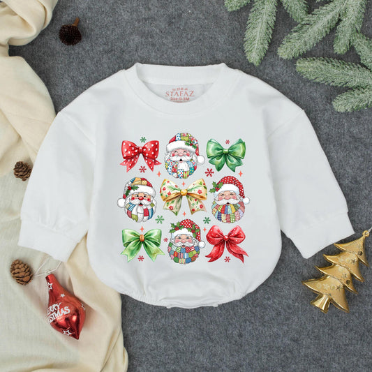 Patchwork Santa Claus Baby Bubble Romper Retro Christmas Vintage Holiday Infant Toddler Outfit Festive Shower Gift