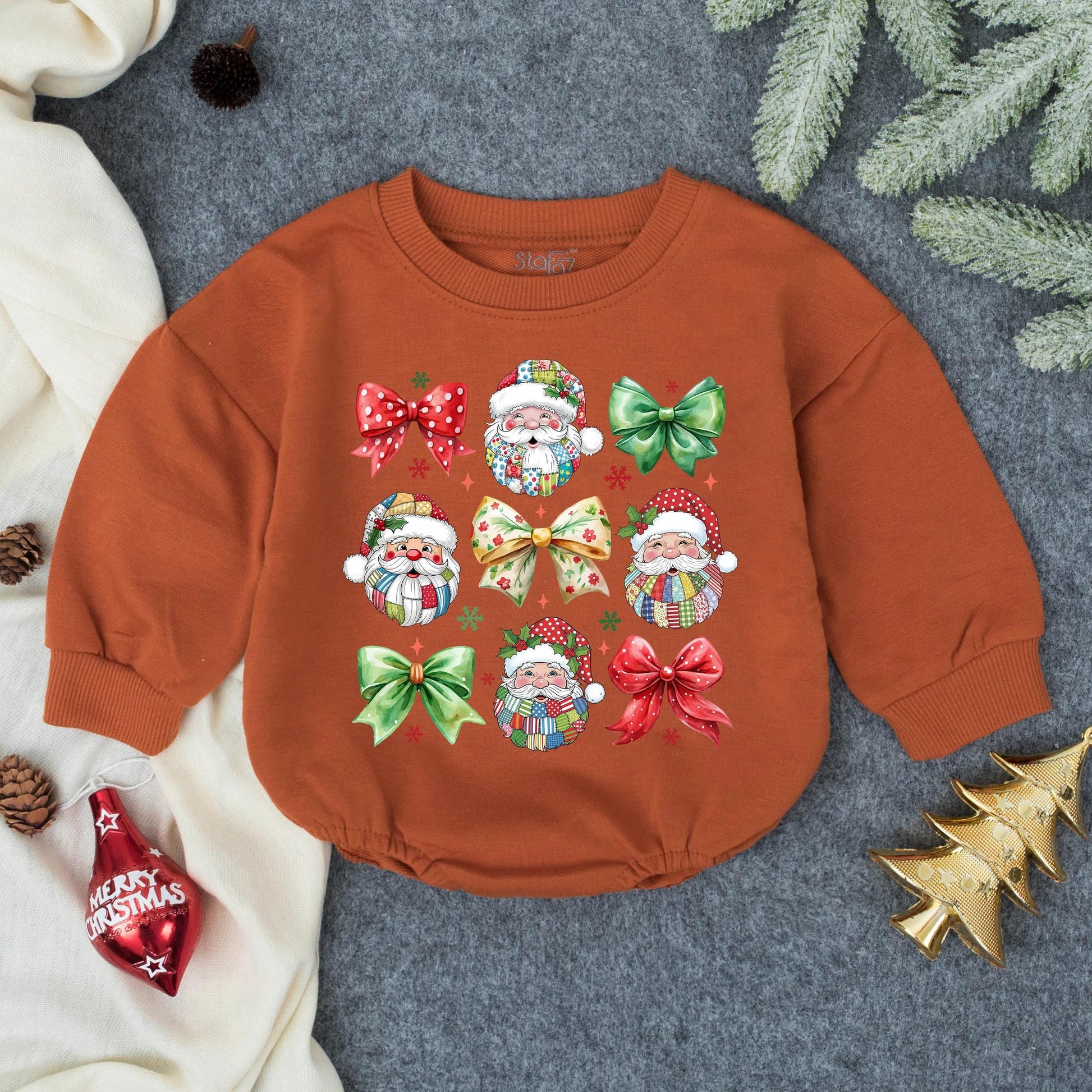 Patchwork Santa Claus Baby Bubble Romper Retro Christmas Vintage Holiday Infant Toddler Outfit Festive Shower Gift