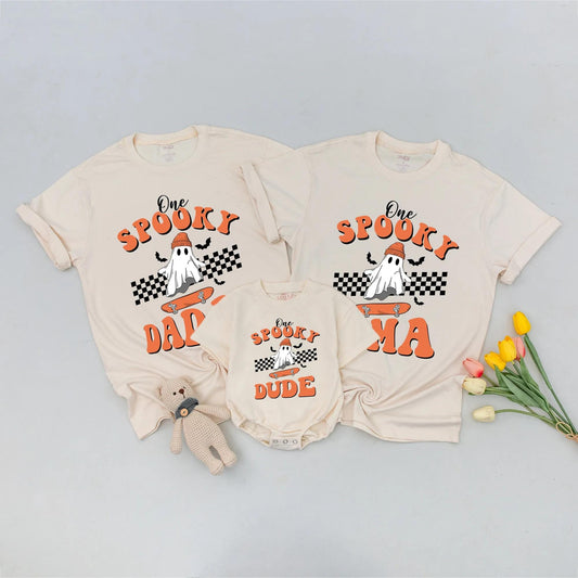 One Spooky Dude First Birthday Shirt Skater Ghost Beanie Design Matching Family Halloween Outfits Orange Black Retro Baby Toddler Party Tee