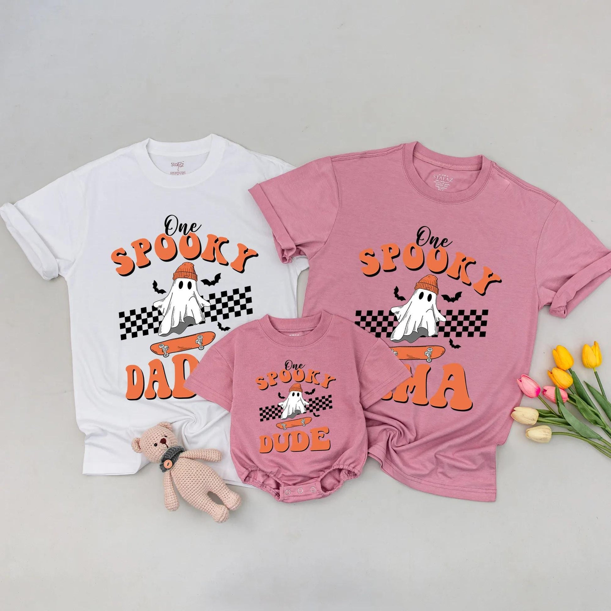 One Spooky Dude First Birthday Shirt Skater Ghost Beanie Design Matching Family Halloween Outfits Orange Black Retro Baby Toddler Party Tee