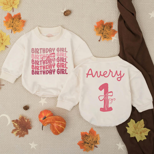 Personalized Pink Bow Birthday Girl Bubble Romper for Avery's First Birthday Celebration Cute Girly Baby Clothes First Birthday Party Gift