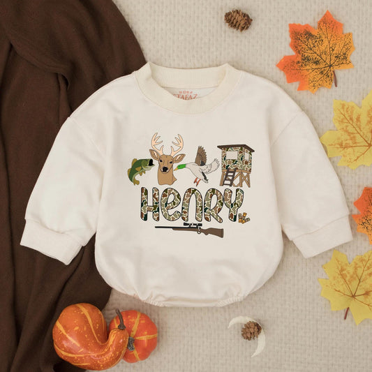 Personalized Lil' Hunter Romper: Custom Name Camo Baby Outfit with Bass, Deer & Duck Design, Outdoorsy Infant Clothes Gift for Baby Shower (139 chars)