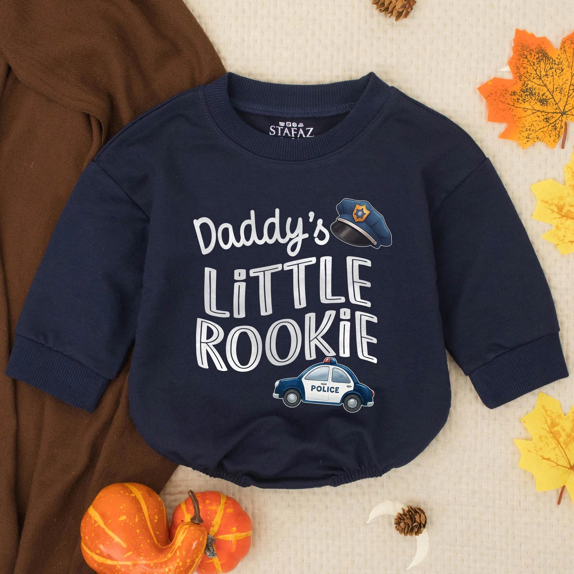 Daddy's Little Rookie Police Officer Bubble Romper Cute Blue Hat & Car Baby Outfit Father's Day Gift Toddler Cop Clothes