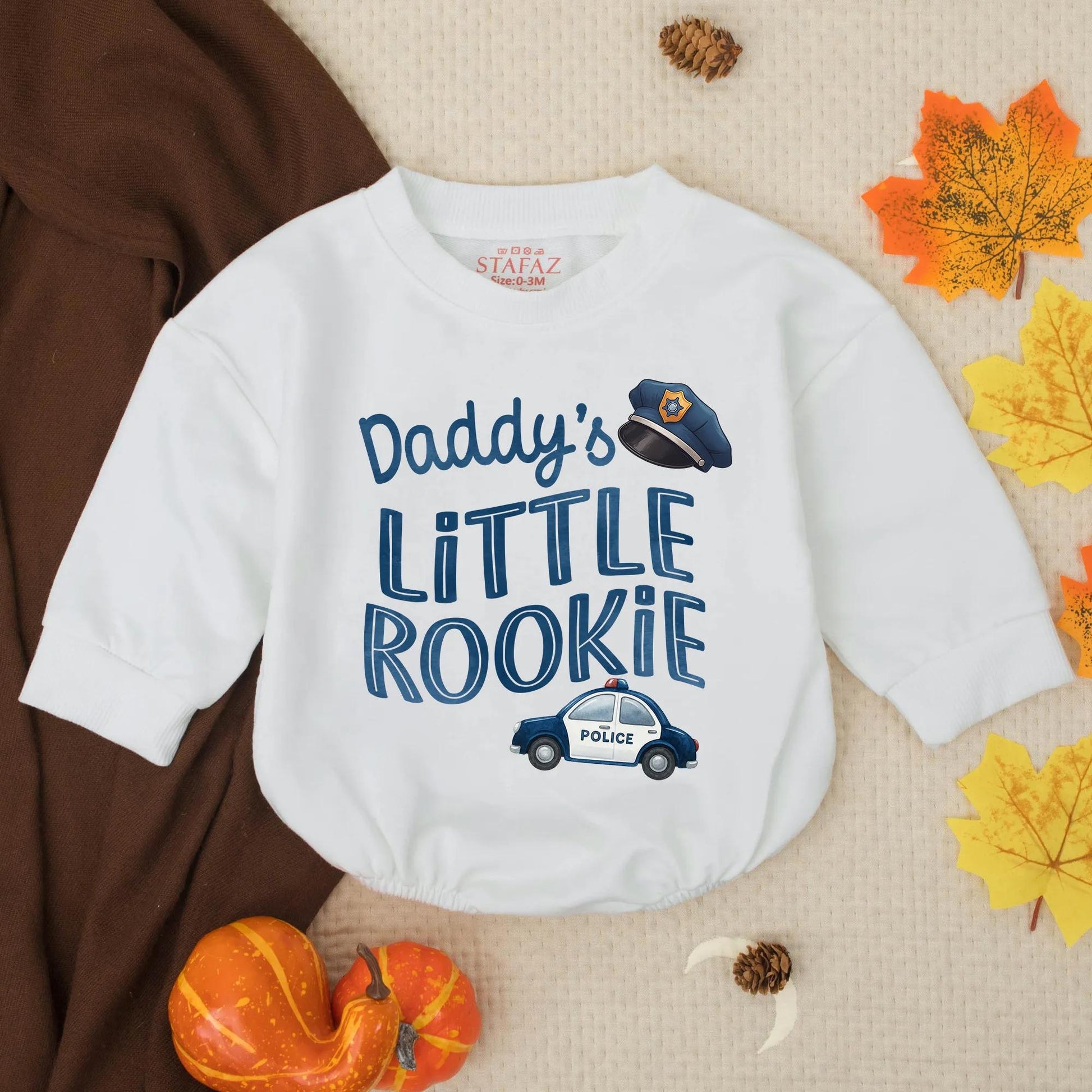 Daddy's Little Rookie Police Officer Bubble Romper Cute Blue Hat & Car Baby Outfit Father's Day Gift Toddler Cop Clothes