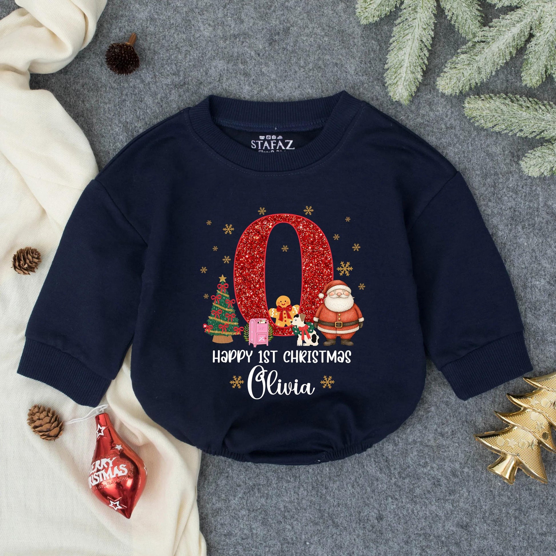 Custom Girly Red Glitter First Christmas Bubble Romper with Olivia's Name and Gold Snowflakes Happy 1st Christmas Baby Girl Outfit Toddler Santa Winter Gift