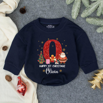 Custom Girly Red Glitter First Christmas Bubble Romper with Olivia's Name and Gold Snowflakes Happy 1st Christmas Baby Girl Outfit Toddler Santa Winter Gift