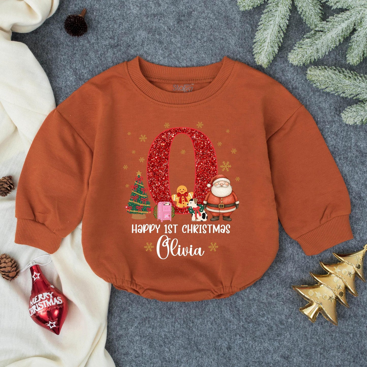 Custom Girly Red Glitter First Christmas Bubble Romper with Olivia's Name and Gold Snowflakes Happy 1st Christmas Baby Girl Outfit Toddler Santa Winter Gift