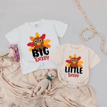 Custom Matching Big Little Turkey Sibling Kids Outfit with Playful Cartoon Turkeys Colorful Red Orange Yellow Feathers Thanksgiving Gift