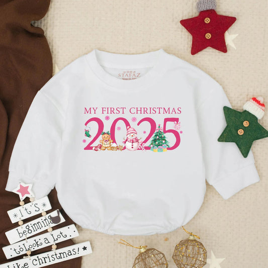 Baby Girl's First Christmas 2025 Pink Romper with Snowflakes & Festive Figures Newborn Holiday Gift