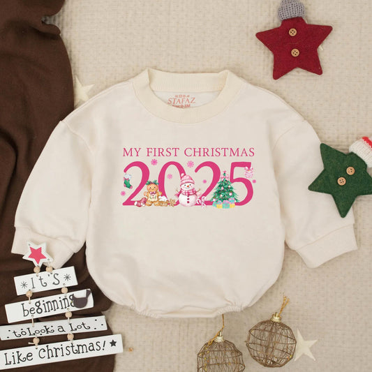 Baby Girl's First Christmas 2025 Pink Romper with Snowflakes & Festive Figures Newborn Holiday Gift