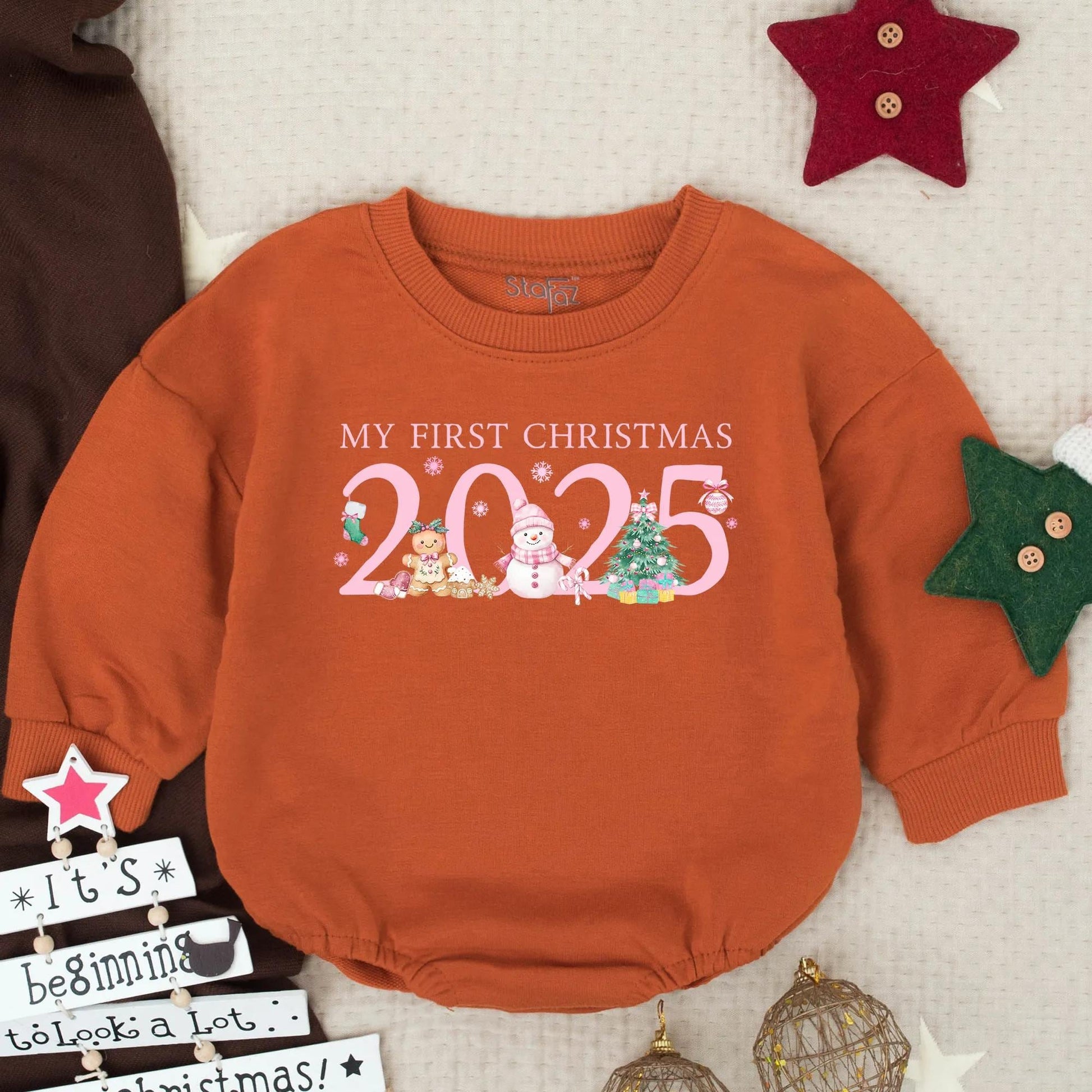 Baby Girl's First Christmas 2025 Pink Romper with Snowflakes & Festive Figures Newborn Holiday Gift