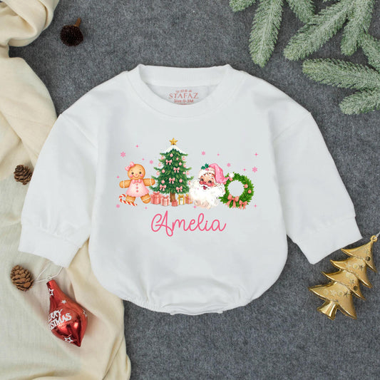 Amelia's Merry Christmas Baby Girl Romper, Pink Gingerbread & Snowflake Design, First Christmas Outfit, Personalized Toddler Gift