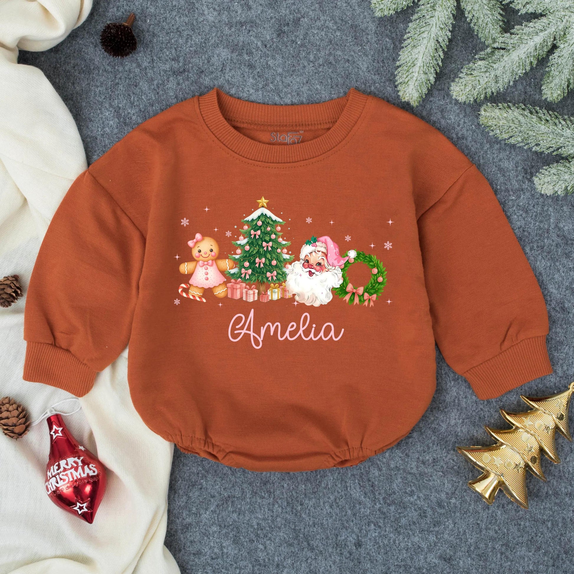 Amelia's Merry Christmas Baby Girl Romper, Pink Gingerbread & Snowflake Design, First Christmas Outfit, Personalized Toddler Gift