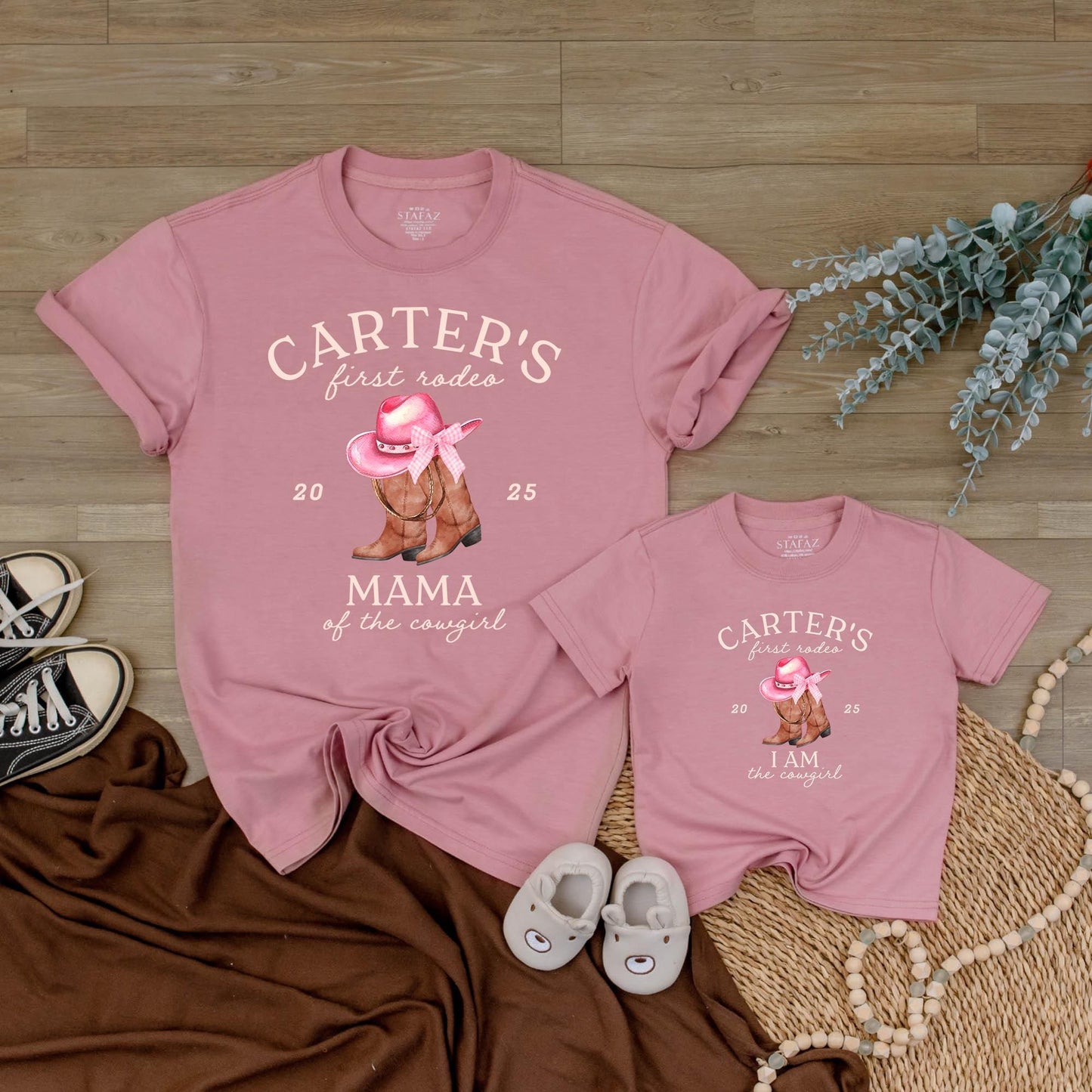 Custom First Rodeo Birthday Shirt Matching Family Outfit Baby Cowgirl Western Boots Pink Hat Party Celebration Gift