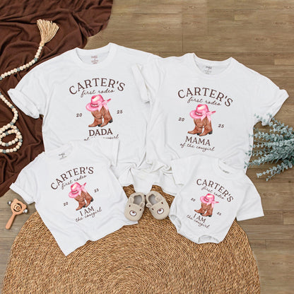 Custom First Rodeo Birthday Shirt Matching Family Outfit Baby Cowgirl Western Boots Pink Hat Party Celebration Gift