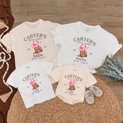 Custom First Rodeo Birthday Shirt Matching Family Outfit Baby Cowgirl Western Boots Pink Hat Party Celebration Gift