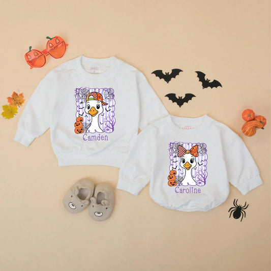 Personalized Halloween Goose Matching Sweatshirts for Siblings Cute Cartoon Pumpkin Spooky Sibling Outfit Custom Halloween Gift Idea