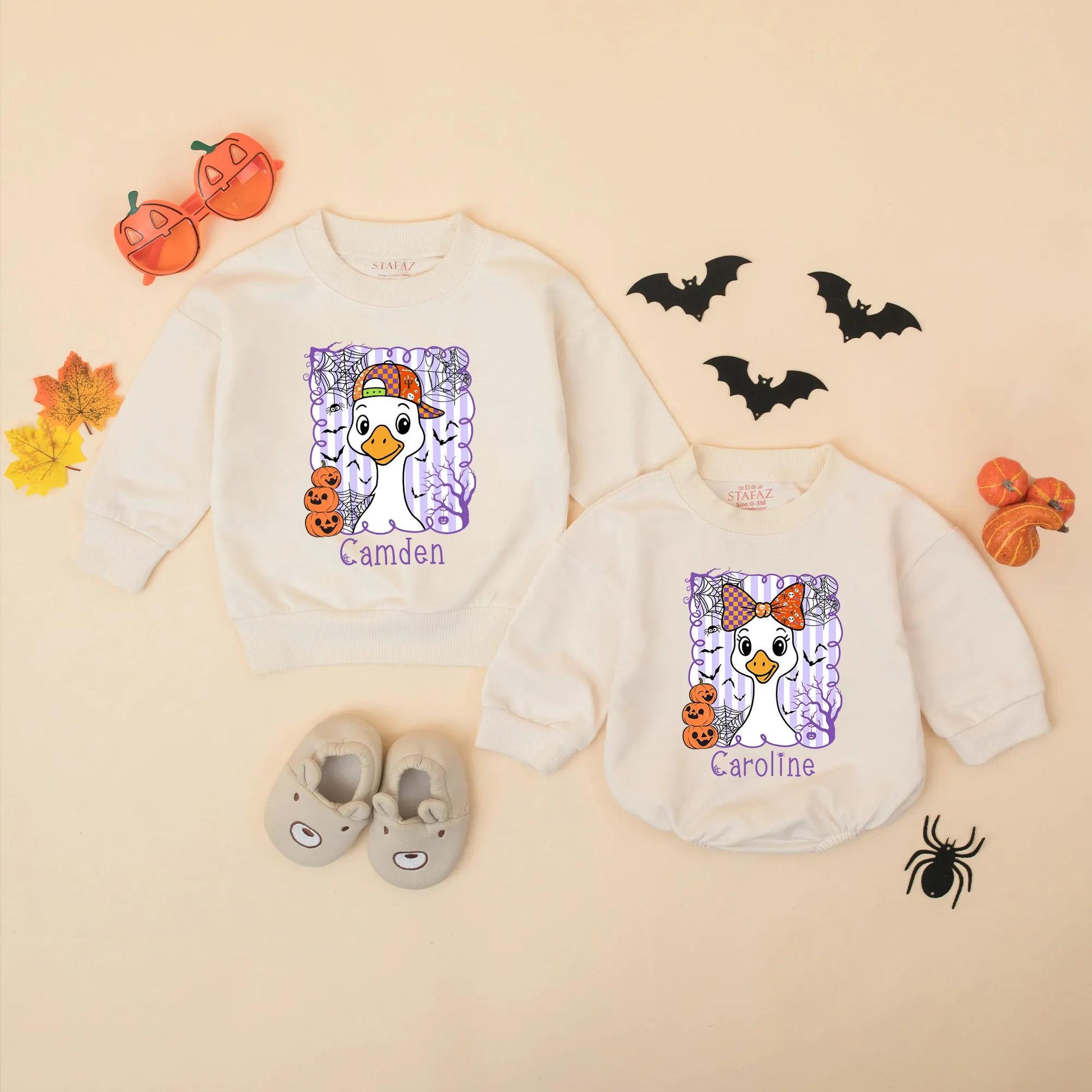 Personalized Halloween Goose Matching Sweatshirts for Siblings Cute Cartoon Pumpkin Spooky Sibling Outfit Custom Halloween Gift Idea