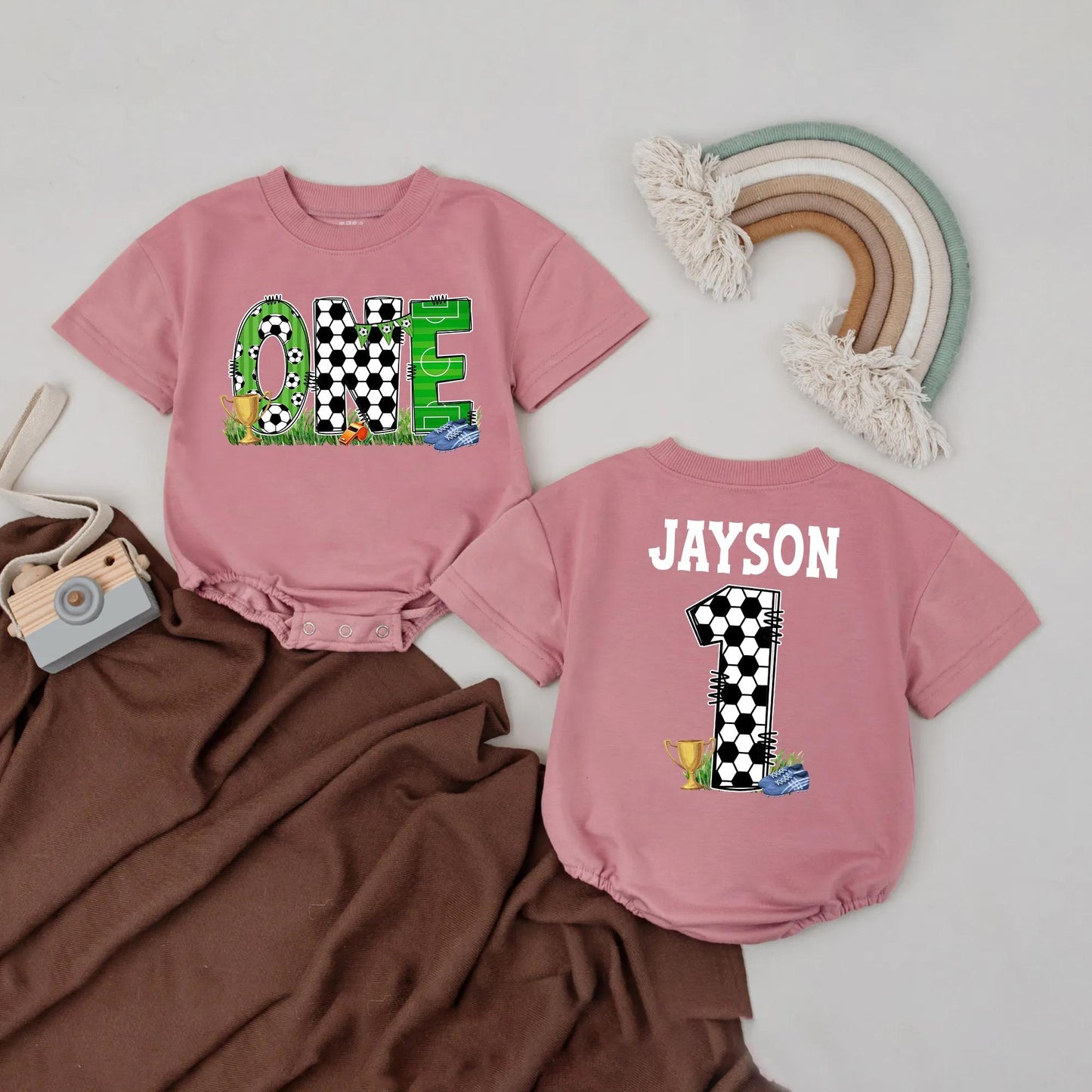 Personalized Soccer 1st Birthday Romper Jayson's Number One Outfit, Custom Name Baby Boy Football Bodysuit, Sports Party Clothes, Baby Shower Gift (137)