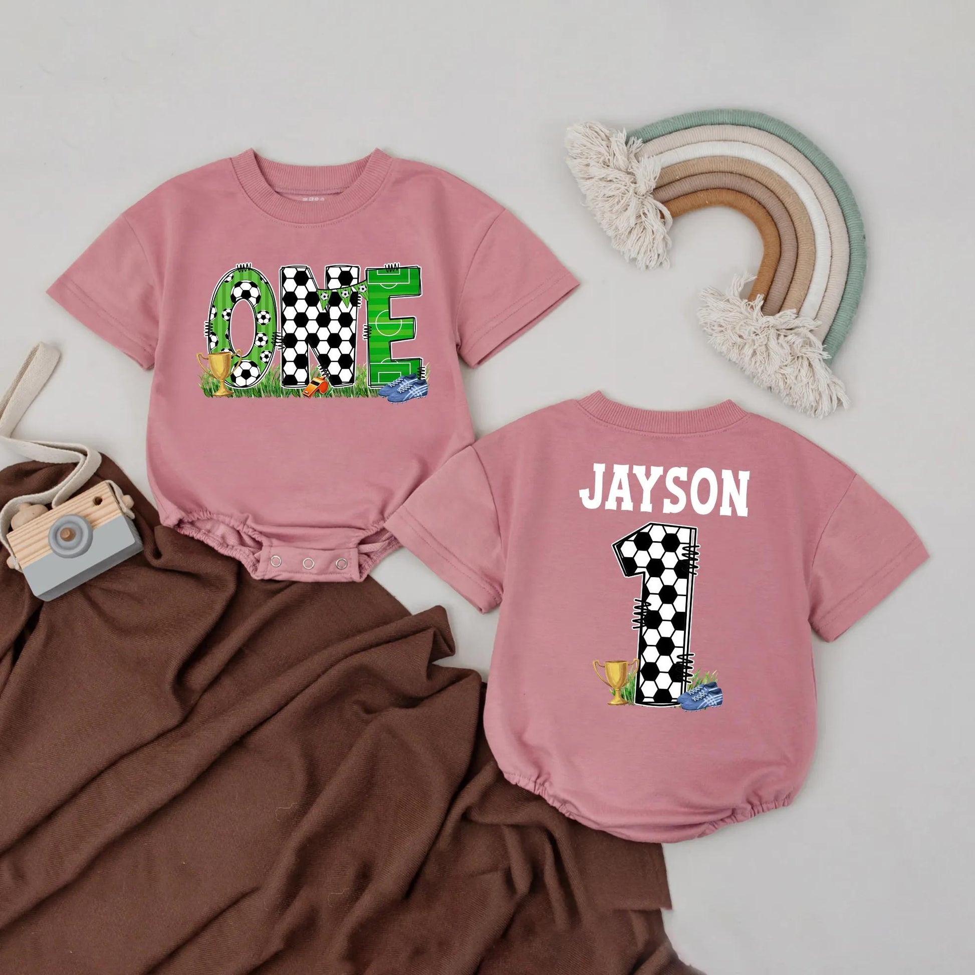 Personalized Soccer 1st Birthday Romper Jayson's Number One Outfit, Custom Name Baby Boy Football Bodysuit, Sports Party Clothes, Baby Shower Gift (137)