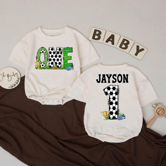 Personalized Soccer 1st Birthday Romper Jayson's Number One Outfit, Custom Name Baby Boy Football Bodysuit, Sports Party Clothes, Baby Shower Gift (137)