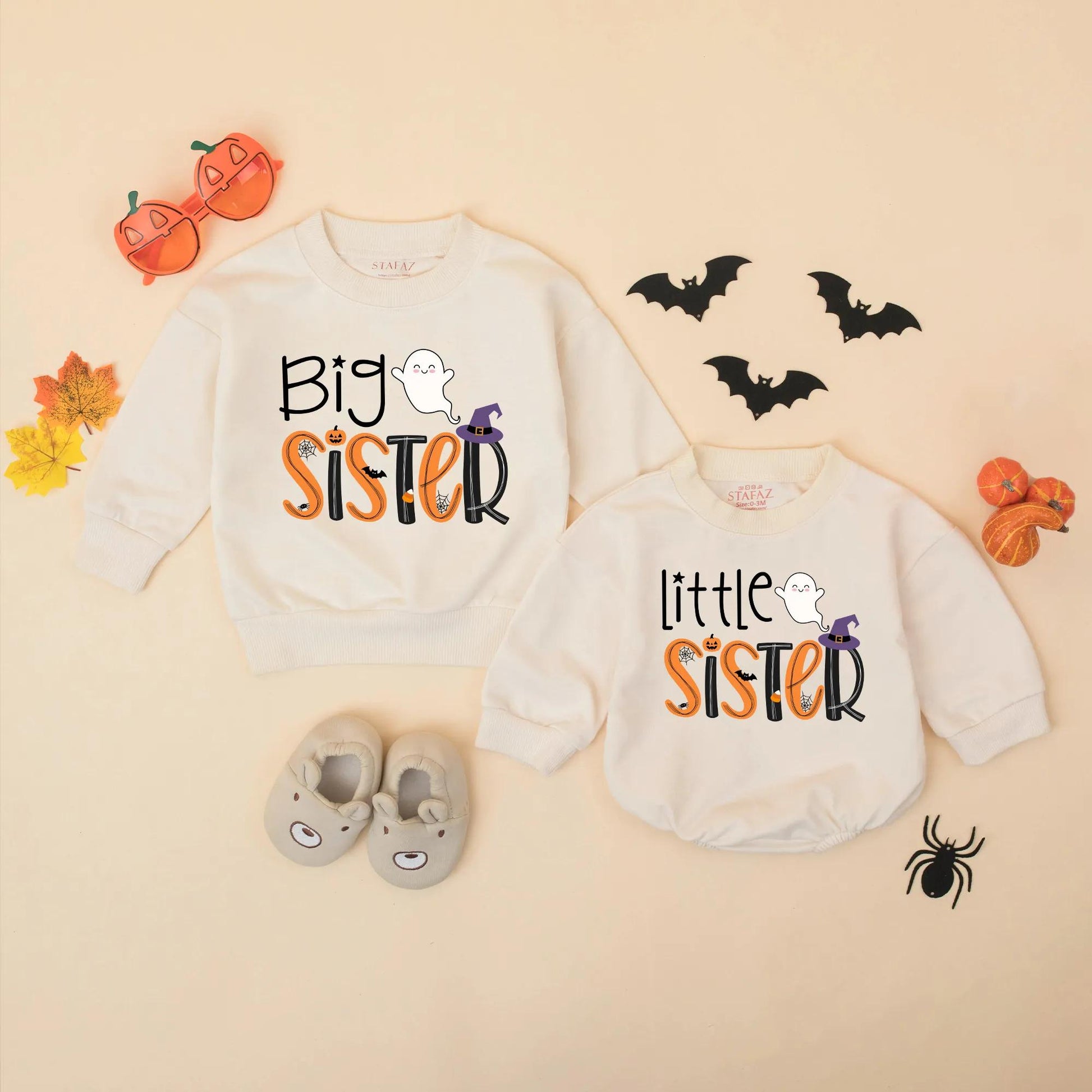 Halloween Big Brother Little Sister Matching Sweatshirts Romper Set Spooky Spider Pumpkin Bat Wizard Hat Sibling Outfit Cute Ghost Gift