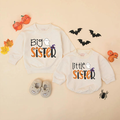 Halloween Big Brother Little Sister Matching Sweatshirts Romper Set Spooky Spider Pumpkin Bat Wizard Hat Sibling Outfit Cute Ghost Gift
