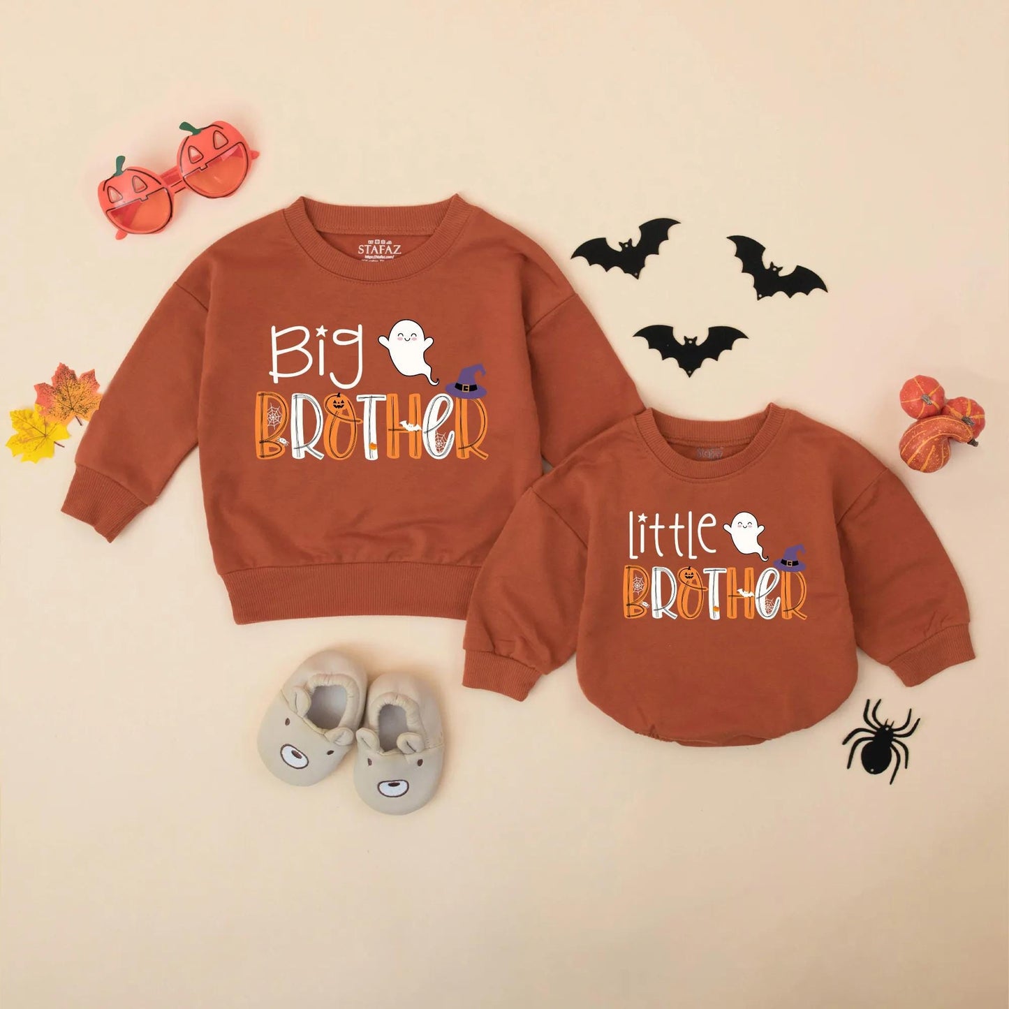 Halloween Big Brother Little Sister Matching Sweatshirts Romper Set Spooky Spider Pumpkin Bat Wizard Hat Sibling Outfit Cute Ghost Gift