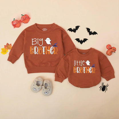 Halloween Big Brother Little Sister Matching Sweatshirts Romper Set Spooky Spider Pumpkin Bat Wizard Hat Sibling Outfit Cute Ghost Gift