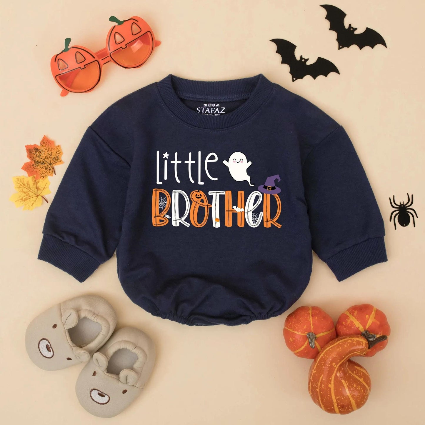 Halloween Big Brother Little Sister Matching Sweatshirts Romper Set Spooky Spider Pumpkin Bat Wizard Hat Sibling Outfit Cute Ghost Gift