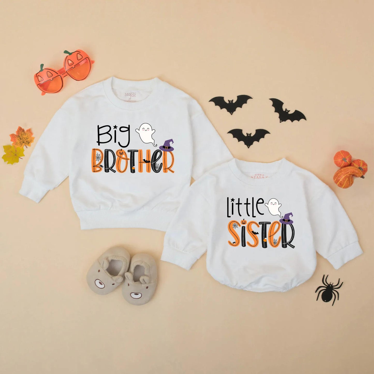 Halloween Big Brother Little Sister Matching Sweatshirts Romper Set Spooky Spider Pumpkin Bat Wizard Hat Sibling Outfit Cute Ghost Gift