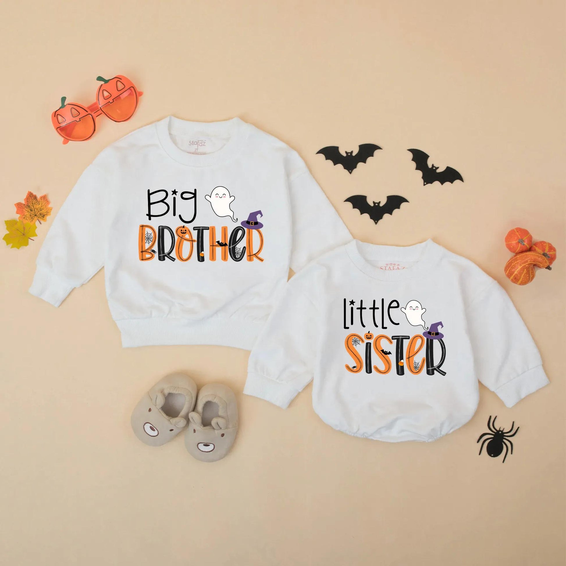 Halloween Big Brother Little Sister Matching Sweatshirts Romper Set Spooky Spider Pumpkin Bat Wizard Hat Sibling Outfit Cute Ghost Gift