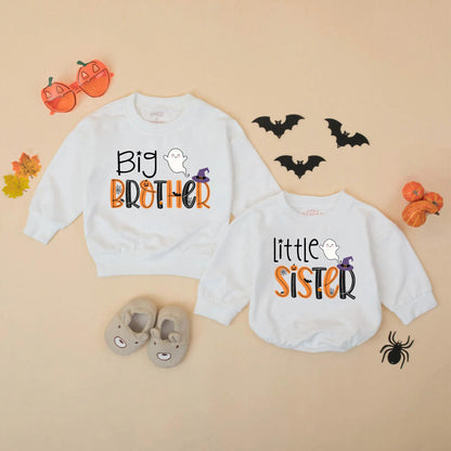 Halloween Big Brother Little Sister Matching Sweatshirts Romper Set Spooky Spider Pumpkin Bat Wizard Hat Sibling Outfit Cute Ghost Gift