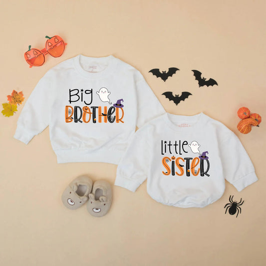 Halloween Big Brother Little Sister Matching Sweatshirts Romper Set Spooky Spider Pumpkin Bat Wizard Hat Sibling Outfit Cute Ghost Gift