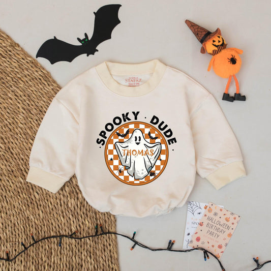 One Spooky Dude Halloween Baby Romper White Ghost Black Orange Checkered Circle Design White Block Letters Scattered Bats Spiders Stars Playful Family Matching Outfit