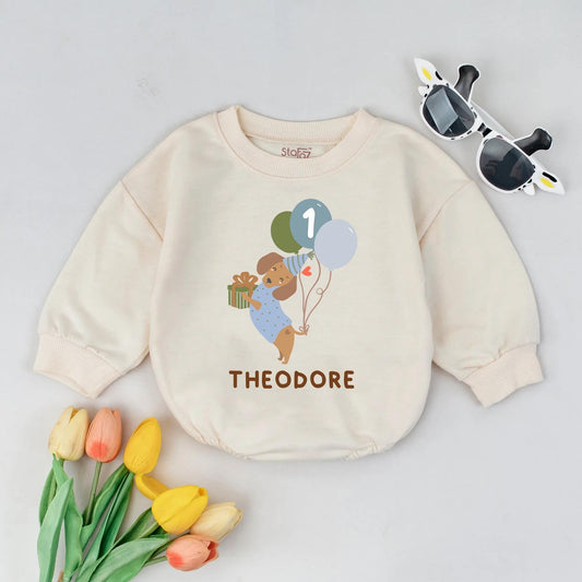 Custom Puppy Dog Birthday Romper Themed for a 1st Birthday with Pastel Balloons One Year Old Outfit for Baby Boys or Girls Personalized Gift
