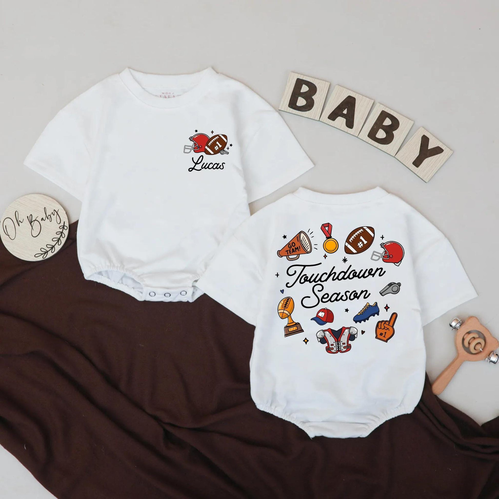 Personalized Lucas 1st Birthday Football Romper Touchdown Season Baby Boy Game Day Outfit Cartoon Helmet & Trophy Design Sport Celebration Clothes