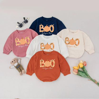 Personalized Boo Pumpkin Floral Bubble Romper Baby Name Fall Thanksgiving Halloween First Celebration Bodysuit Cute Toddler Infant Clothes Baby Shower Gift