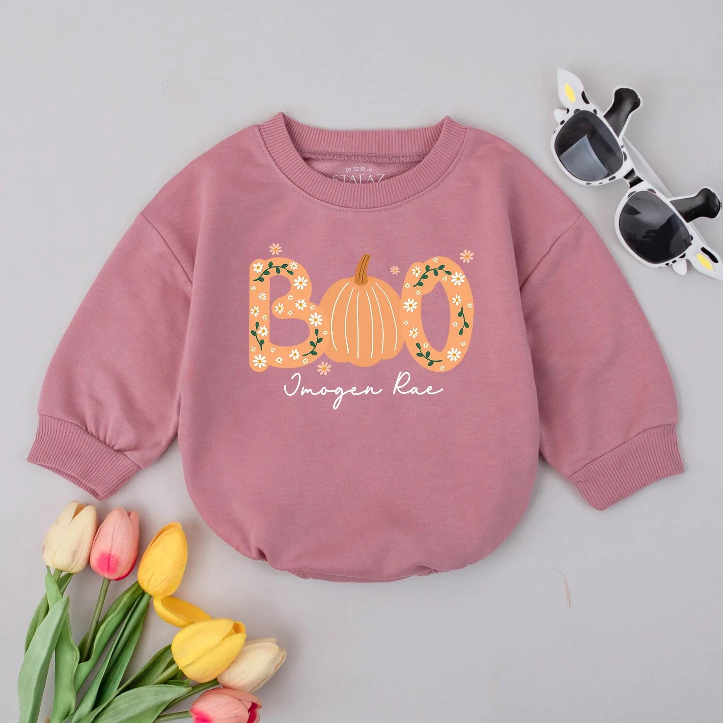 Personalized Boo Pumpkin Floral Bubble Romper Baby Name Fall Thanksgiving Halloween First Celebration Bodysuit Cute Toddler Infant Clothes Baby Shower Gift