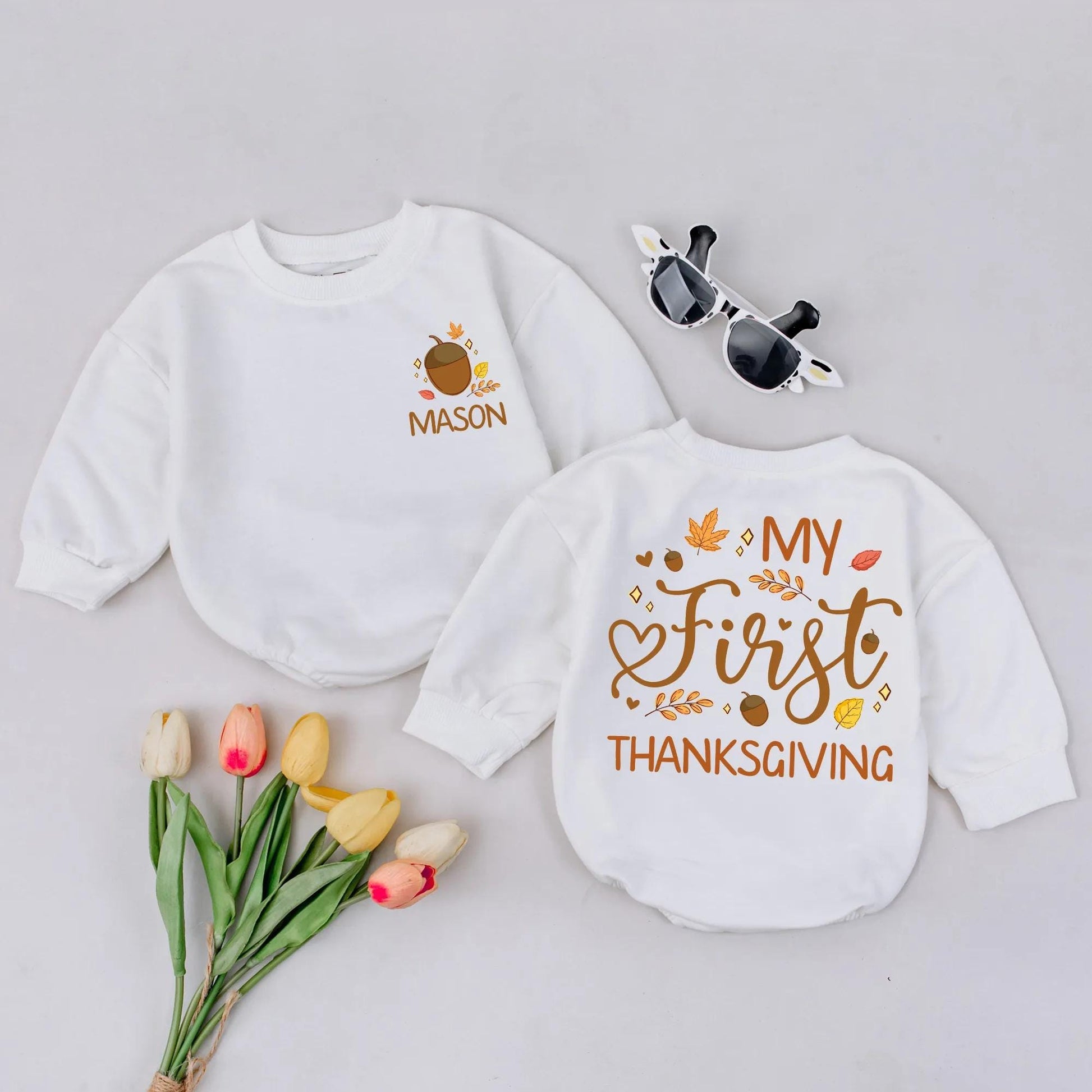 Personalized My First Thanksgiving Baby Romper with Acorn & Leaves | Custom Name 1st Fall Outfit, Baby Shower Gift