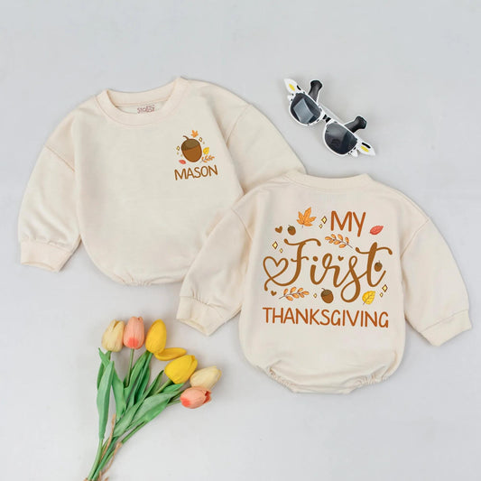 Personalized My First Thanksgiving Baby Romper with Acorn & Leaves | Custom Name 1st Fall Outfit, Baby Shower Gift