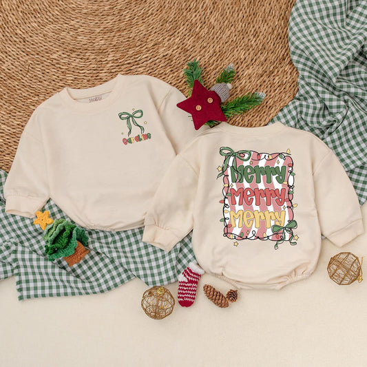 Custom Merry Christmas Baby Romper Green Bow Vintage Lights Red White Stripes Infant Holiday Outfit Baby's First Christmas Gift