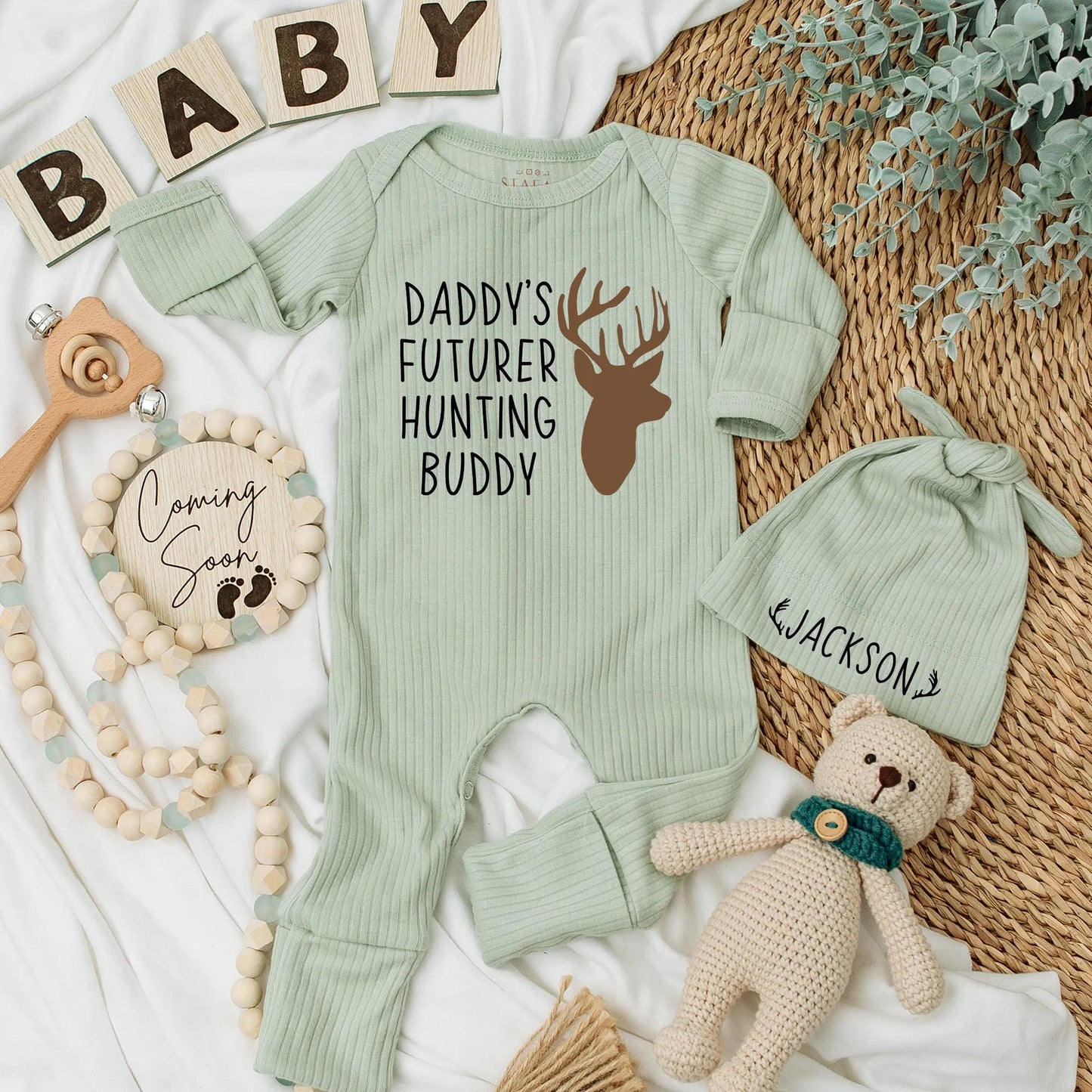 Daddy's Future Hunting Buddy Baby Bodysuit, Brown Deer Head Design, Hunt Season Newborn Outfit, Baby Boy Gift, Baby Shower Clothes