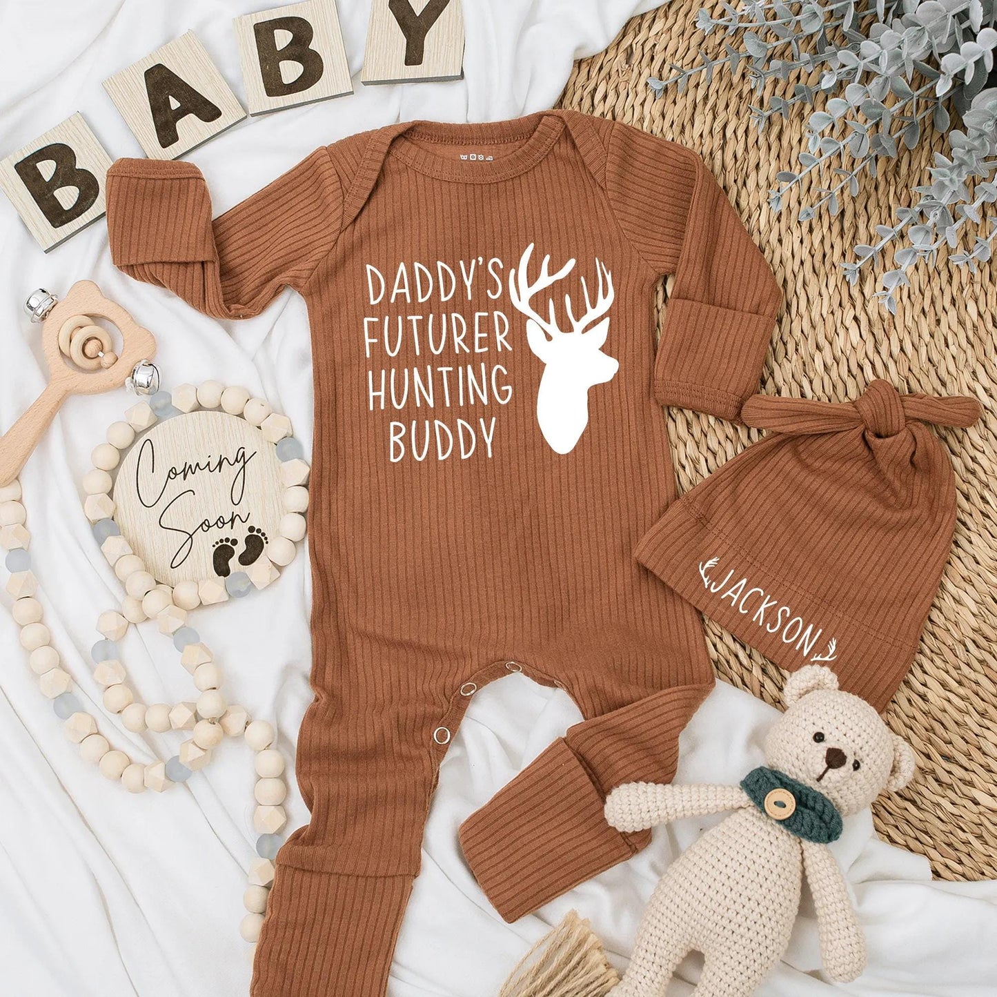 Daddy's Future Hunting Buddy Baby Bodysuit, Brown Deer Head Design, Hunt Season Newborn Outfit, Baby Boy Gift, Baby Shower Clothes