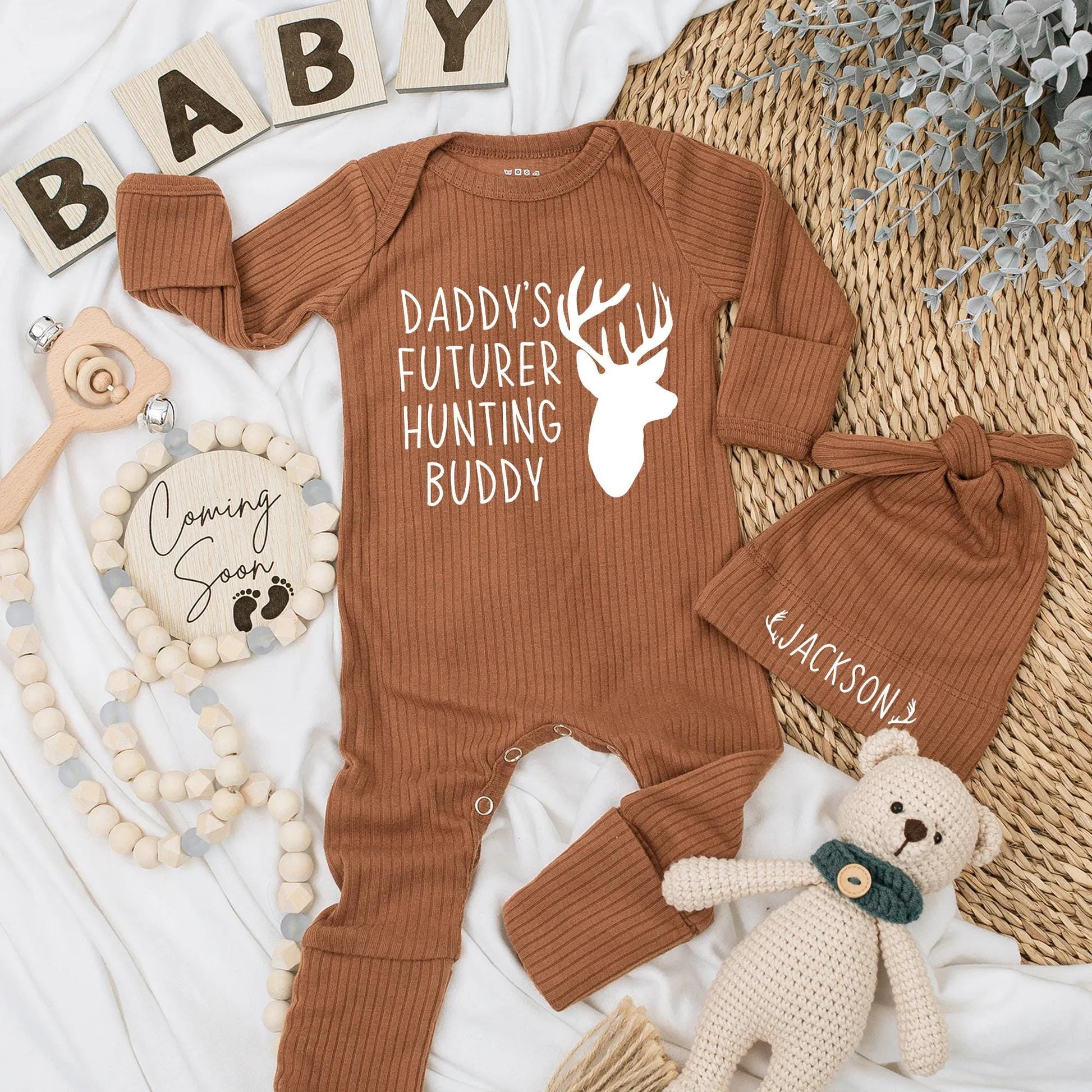 Daddy's Future Hunting Buddy Baby Bodysuit, Brown Deer Head Design, Hunt Season Newborn Outfit, Baby Boy Gift, Baby Shower Clothes