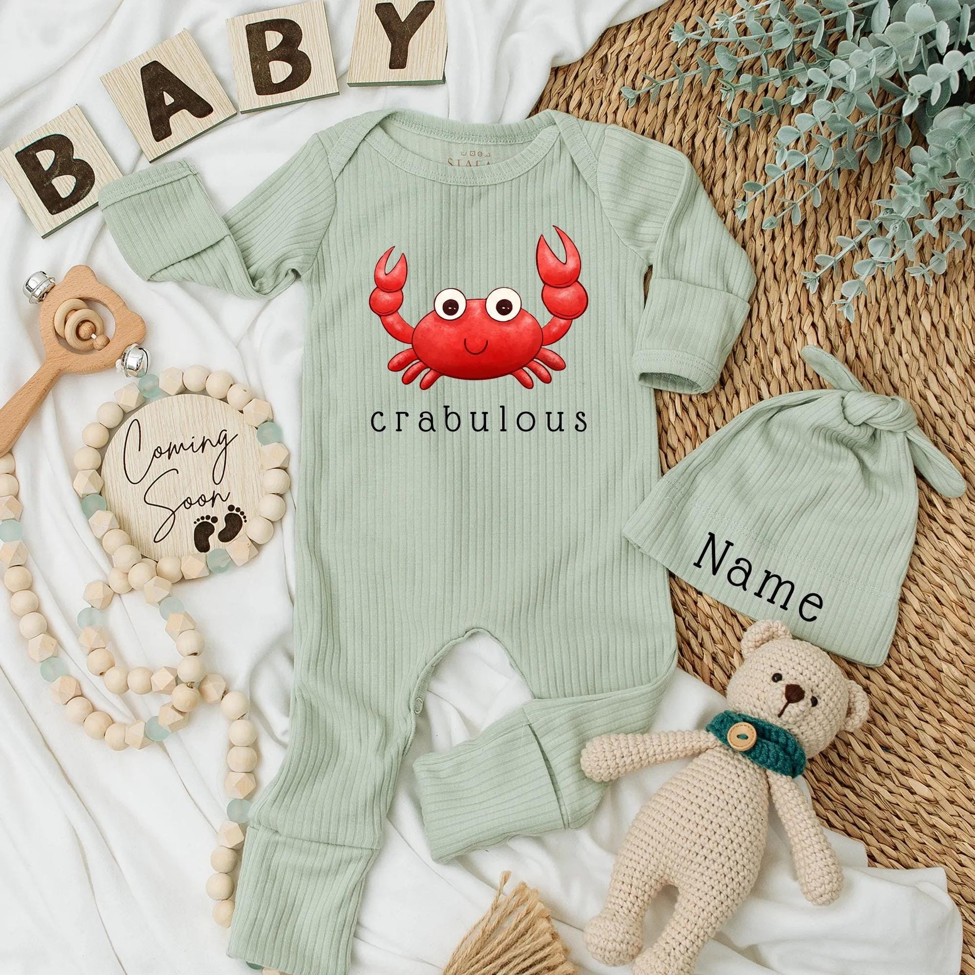 Crabulous Baby Bodysuit Funny Newborn Gift Beach Baby Shower Gift Ocean Outfit Infant Clothes, Red Crab Design