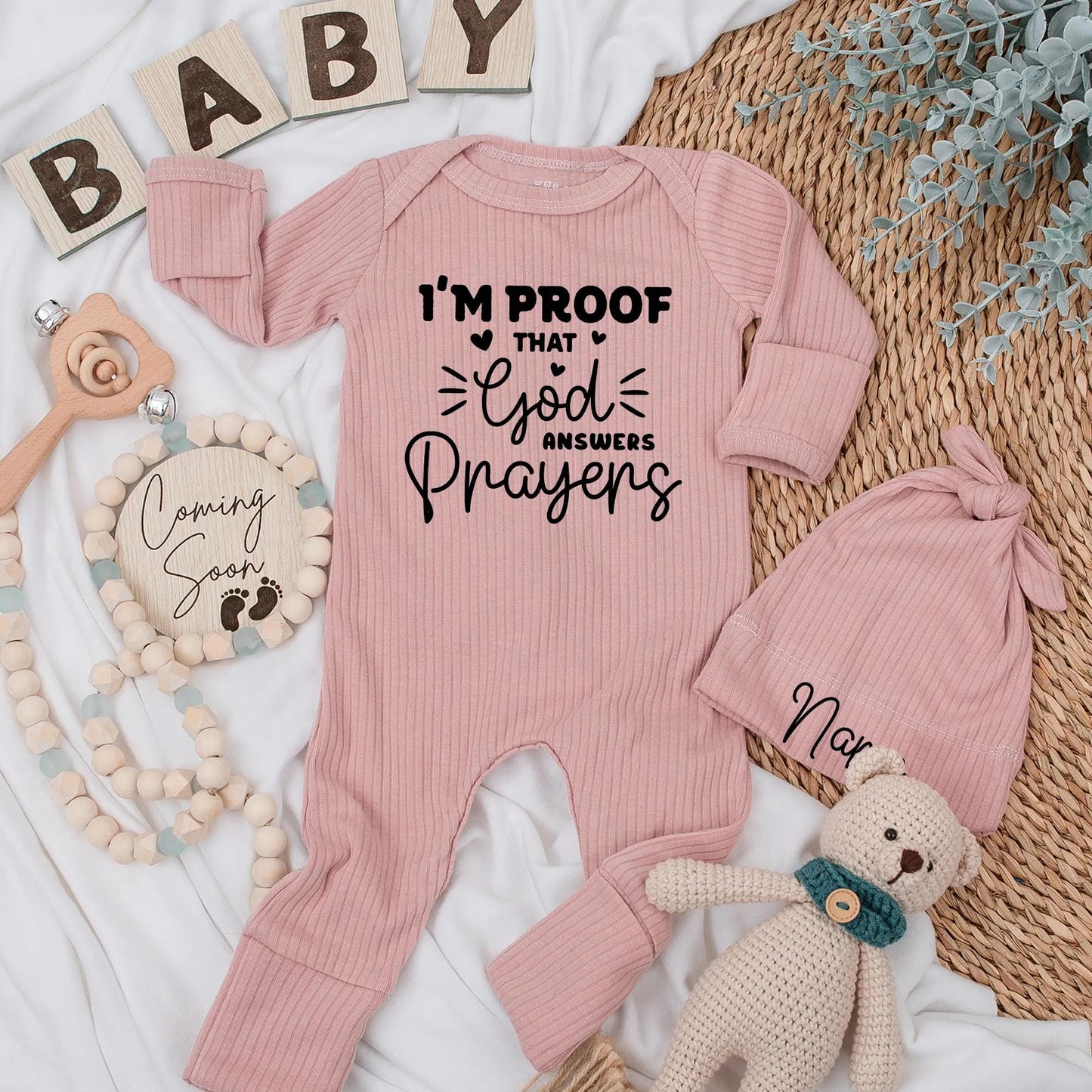 I'm Proof God Answers Prayers Newborn Bodysuit Christian Baby Outfit Custom Bible Verse Design Faith Apparel Baby Shower Baptism Gift