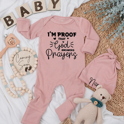 I'm Proof God Answers Prayers Newborn Bodysuit Christian Baby Outfit Custom Bible Verse Design Faith Apparel Baby Shower Baptism Gift