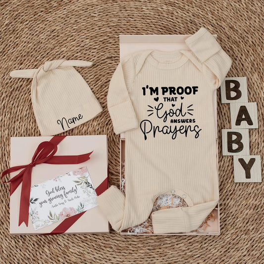 I'm Proof God Answers Prayers Newborn Bodysuit Christian Baby Outfit Custom Bible Verse Design Faith Apparel Baby Shower Baptism Gift